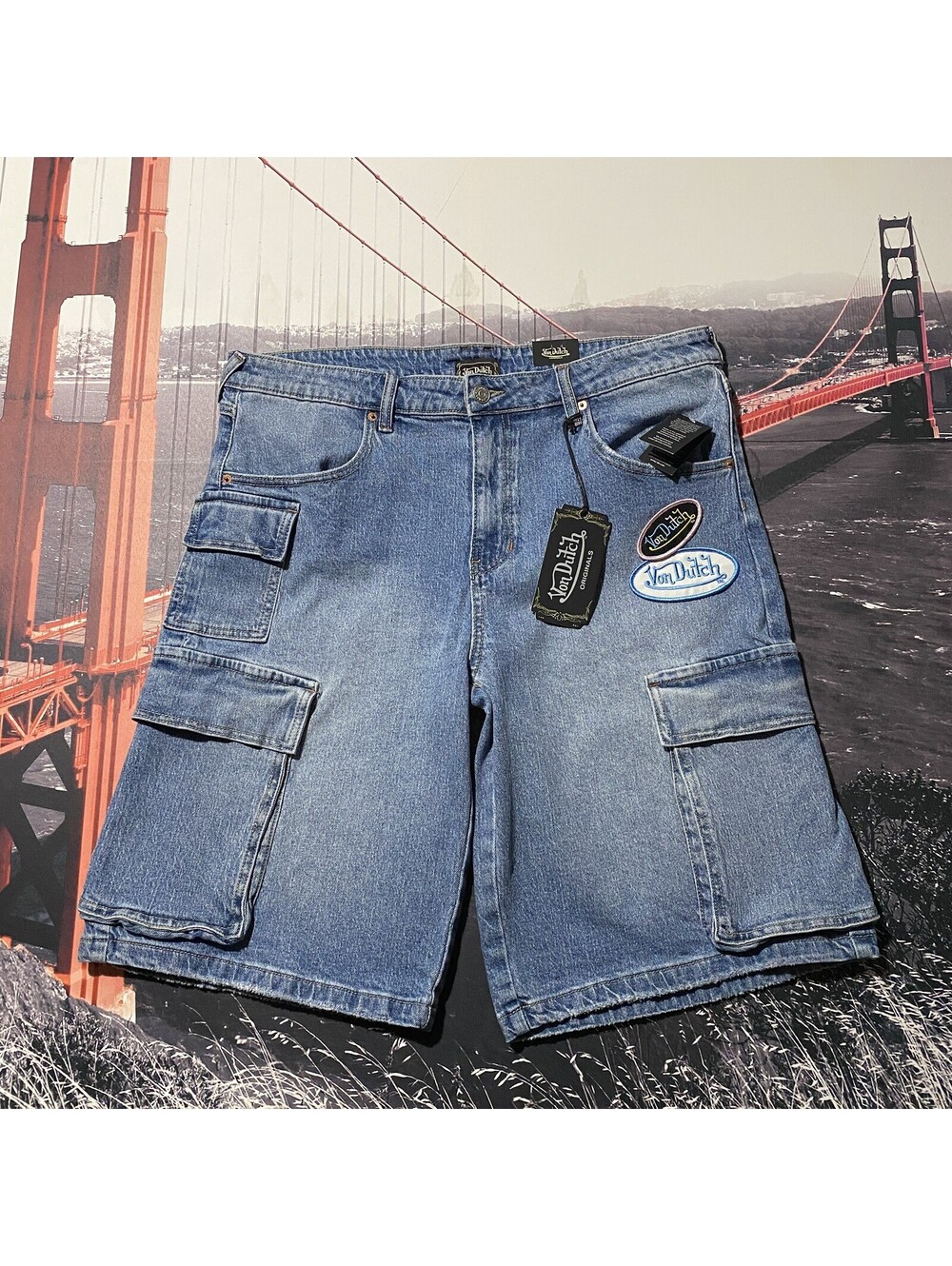 Von Dutch Originals Denim Cargo Shorts Sz 31x13 Fits 38x12 Y2K Baggy Patch Jeans
